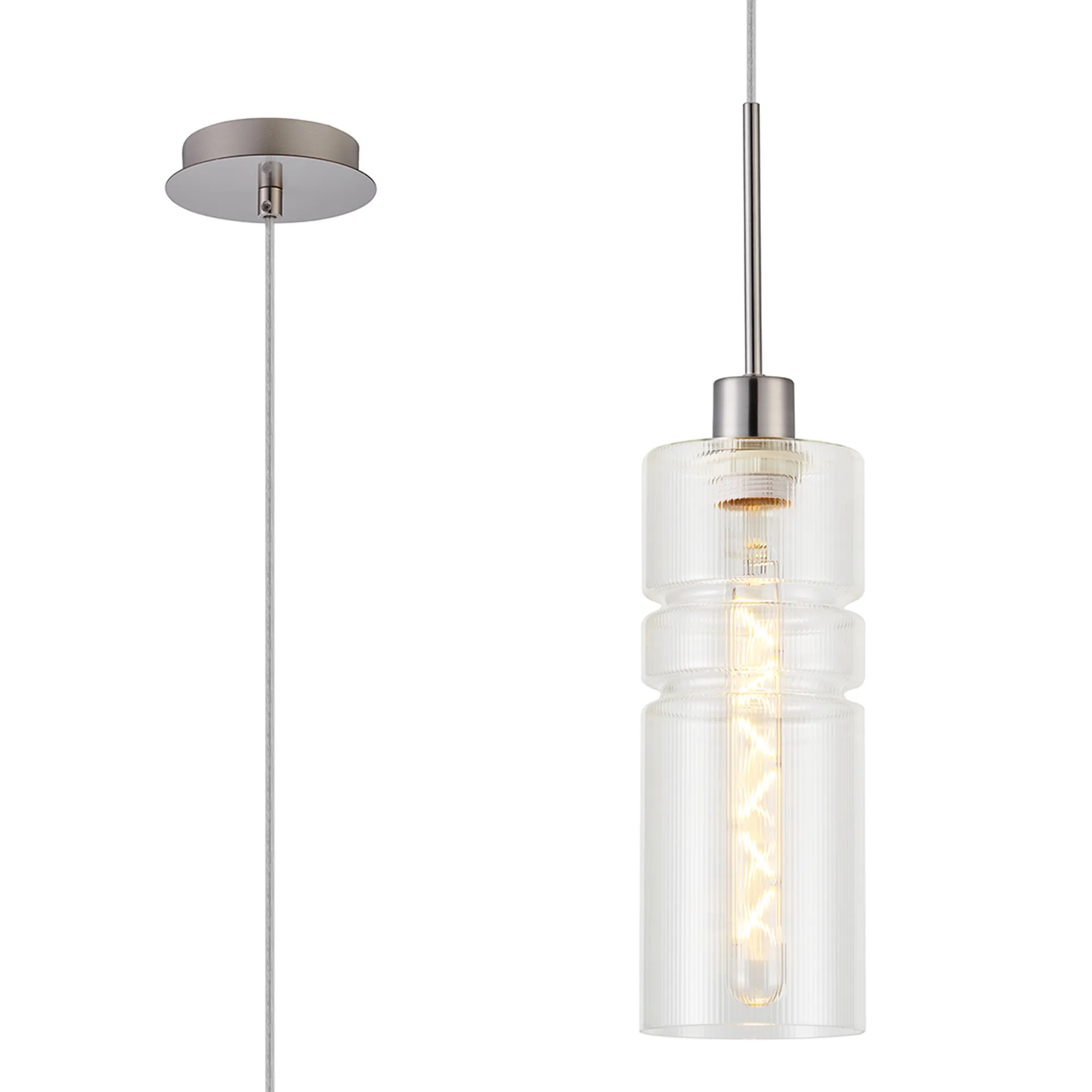 DK1360  Lori 1.7m Single Pendant, 1 Light Adjustable E27, Satin Nickel/Clear Ribbed Sculptured Cylinder Shades